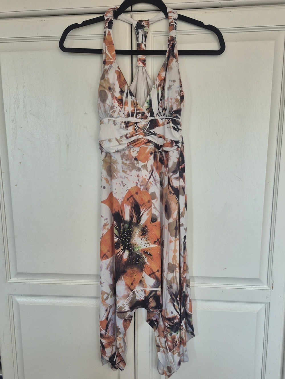 Cristinalove Floral Halter Maxi Dress in White and Orange With Rhinestones Y2K